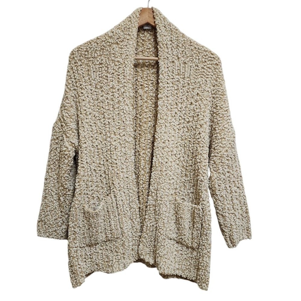 Sabrina Lauren Women Long Slv Knit Cardigan Sweater Sz L Beige Nubby Pocket Boho